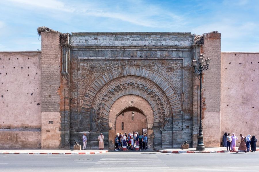 Historic ornate city gate in Marrakech, the starting point for the Marrakech to Merzouga desert tour