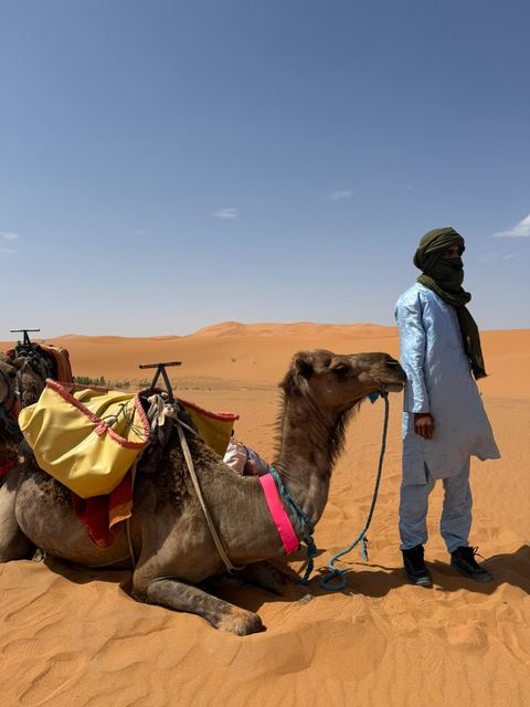 Travelers standing with a resting camel and their guide in the dunes of Erg Chebbi