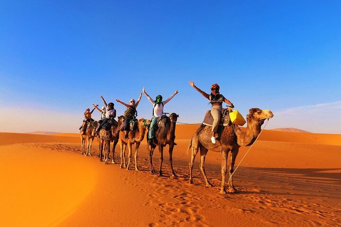 Travelers riding a camel caravan across the dunes with arms raised in celebration